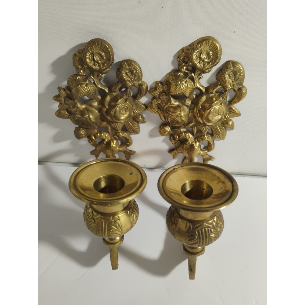 Vintage wall Candle Candlestick Decor Holders 2 Decorative Brass Sconce Roses